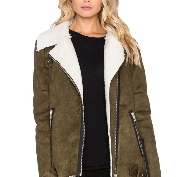 J.O.A. Suede Vacation Shearling Jacket in Olive - Picture 1 of 8